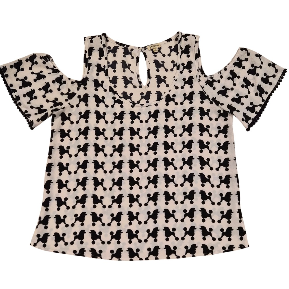 Lily White Poodle Print Cold Shoulder Top Black White Pom Pom Trim Blouse L